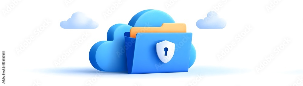 Poster a blue cloud with a folder secured by a lock icon, symbolizing secure cloud storage and data protect