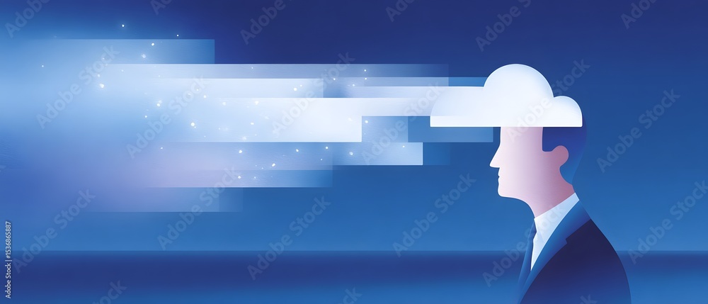 Poster a digital illustration of a person with a cloud as a head, symbolizing cloud computing and data stre