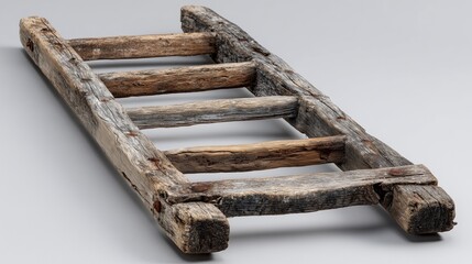 Damaged wooden ladder with broken rungs on plain gray background, minimalist rustic decay