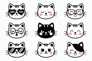 Kawaii Cat Emoji Pack. Cartoon Cat Faces with Glasses and Eye Patch Vector