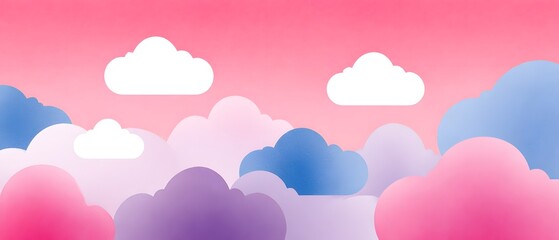 Obraz premium Colorful stylized clouds in shades of pink, purple, and blue float against a pink sky with white clouds scattered throughout.