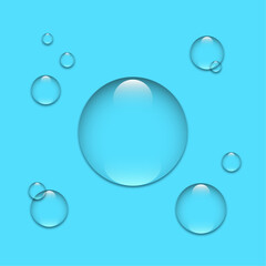 Water drops on blue background.Water drop vector icon.Drops of water clipart.Crystal clear, droplet isolated on background .Gel, moisture, aqua droplet in circle shape.