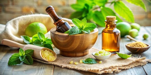 Natural aromatherapy ingredients with mortar and pestle