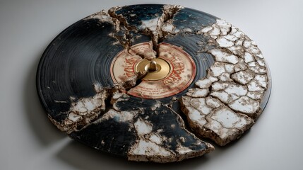 Cracked vinyl record on white backdrop, broken music, minimalist retro decay, high detail