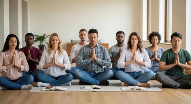 Diverse adults practicing group meditation in a tranquil setting