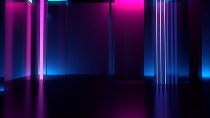 Abstract background. Neon glow, neon light lines. Empty room in ultraviolet glow