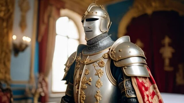 Full knight armor suit standing in a luxurious room, wearing helmet, breastplate, shoulder armor and cape with fleur de lis patterns, medieval era