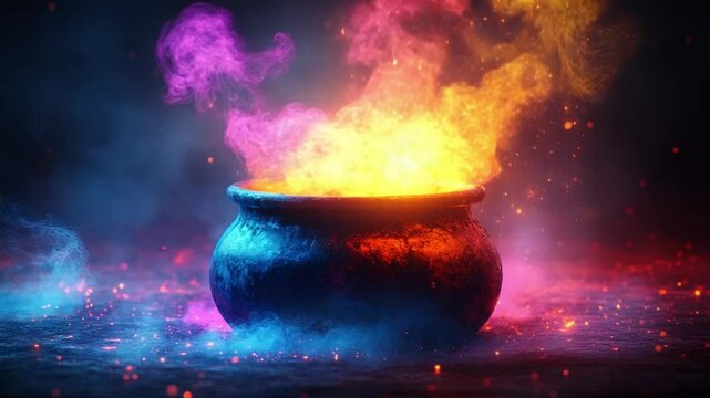 glowing magical cauldron fantasy scene, magical witch cauldron with glowing fire and colorful smoke from fantasy witch cauldron scene, colorful smoke from witch potion brew 