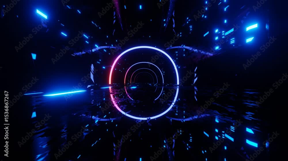 Poster hi-tech neon sci-fi tunel. trendy neon glow lines form pattern and construction in mirror tunnel. be