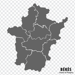 Blank map Bekes County of Hungary. High quality map Bekes  County with municipalities on transparent background for your web site design, logo, app, UI. Hungary. EPS10.