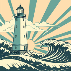 Lighthouse Amidst the Stormy Seas A Vintage Coastal Illustration