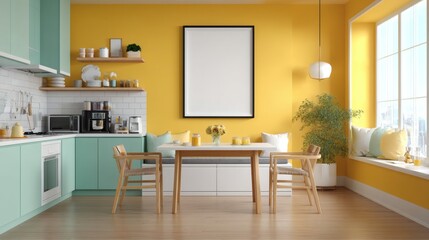 Bright and Modern Kitchen Interior with Yellow Accent Wall Design