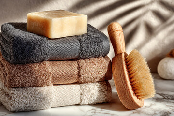 Soap bar and wooden body brush on folded cotton towels. Natural spa essentials. Organic beauty concept