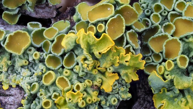 A detailed macro photograph showcasing the intricate patterns and vivid colors of leafy lichens, featuring tones of green and yellow. Captures nature's fascinating forms on a textured surface.