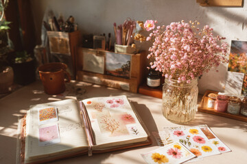 Open creative journal decorated with floral stickers on wooden desk dried flowers and candles. Concept of journaling, planning or scrapbooking