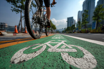Close-up view of green bike lane with bicycle icon and cyclist riding in modern city. Eco-friendly urban transport, active lifestyle and sustainable commuting concept