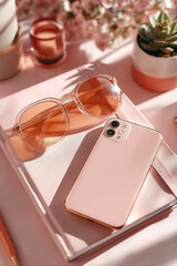 Smartphone and sunglasses on pink notebook with flowers and soft shadows. Modern workspace with minimal accessories on desk