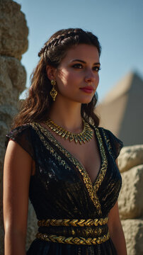 Queen of Sheba in Egyptian pyramid ruins, translucent short Egyptian dress, brown hair, Egyptian hairstyle, Egyptian gold accessories, femme fatale