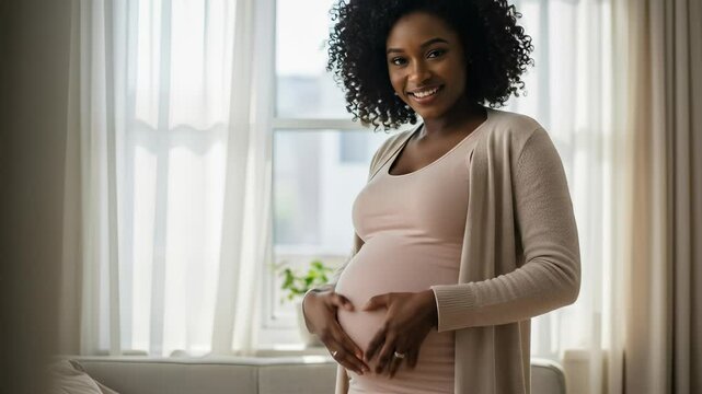Pregnant Black Woman: Glowing Mom-to-Be Holding Baby Bump, Heart Hands, Happy & Healthy Pregnancy Journey