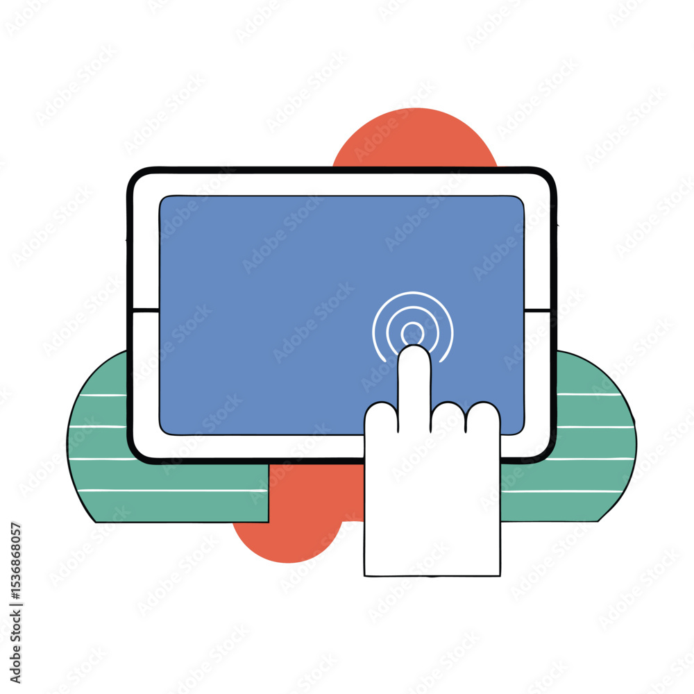 Poster touchscreen interface illustration showing finger touching display on a white background