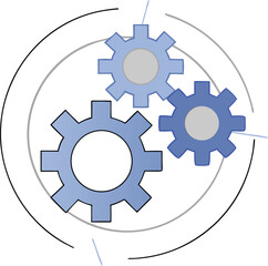 Three interconnected gears on a white background illustrating teamwork and efficiency