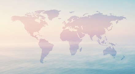Global Horizons: A World Map Over a Serene Ocean at Dawn