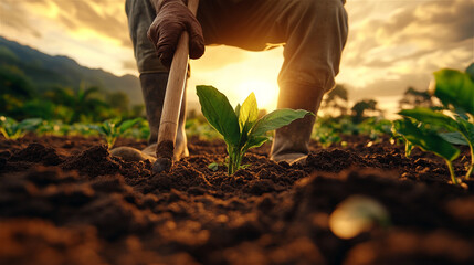 Close-up of a farmer’s hands holding a hoe while working in the field. A raw and authentic moment showcasing hard work and connection to the earth.