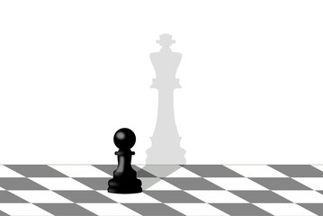 Black pawn casts shadow resembling a king on a chessboard during a strategic game session