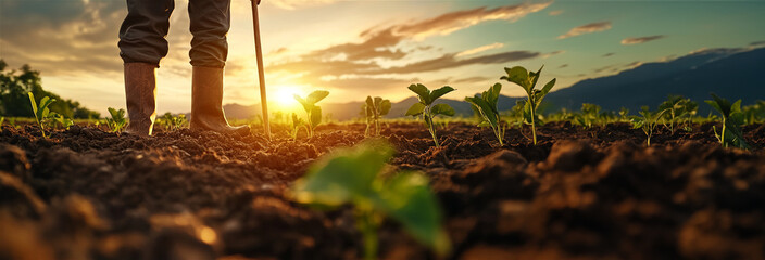 Close-up of a farmer's feet standing on a field with sprouting vegetables during sunset. A warm, earthy scene highlighting growth, hard work, and connection to the land