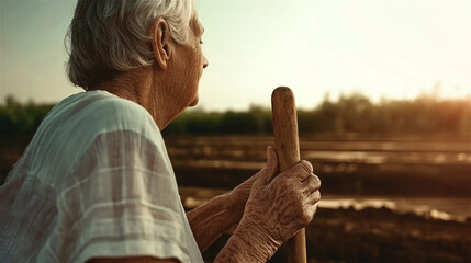 An elderly woman stands on an empty field after harvest, leaning on a walking stick. A quiet rural scene reflecting hard work, resilience, and the cycle of nature.