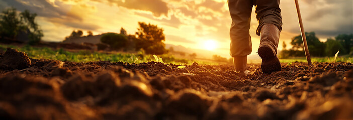 An old farmer stands in a field with a walking stick as the setting sun bathes the landscape in golden light. A peaceful and timeless rural scene full of warmth and tradition.