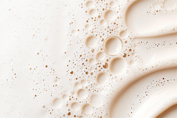 Abstract beige and white textured surface featuring holes and dots, resembling milk foam or coffee crema. Organic and tactile design with soft, natural tones