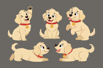 Five Different Poses of Cartoon Puppy, Happy Playful Dog with Red Collar, Pet Illustration