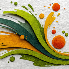 Abstract painting on textured paper featuring bright colorful circles and expressive black ink splashes. Modern artistic composition with dynamic contrasts and tactile surface