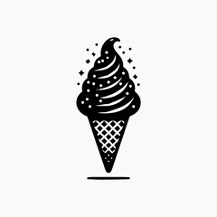 A stylized black and white illustration of a soft-serve ice cream cone, adorned with sparkling details.