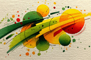 Abstract painting on textured paper featuring bright colorful circles and expressive black ink splashes. Modern artistic composition with dynamic contrasts and tactile surface