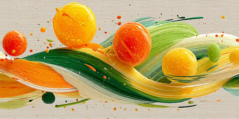 Abstract painting on textured paper featuring bright colorful circles and expressive black ink splashes. Modern artistic composition with dynamic contrasts and tactile surface
