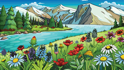 Summer mountain landscape with a field of green grass and spring flowers under a blue sky with clouds