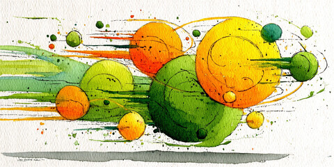 Abstract painting on textured paper featuring bright colorful circles and expressive black ink splashes. Modern artistic composition with dynamic contrasts and tactile surface
