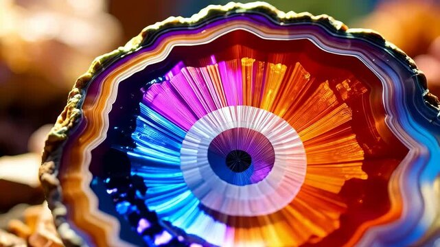 Vibrant banded agate slice with radiant multicolored crystal structure featuring concentric bands and eye-catching radial pattern on rough stone surface.