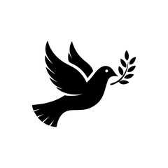 Fototapeta premium Minimalist peace dove vector logo holding an olive branch in flight, symbolizing harmony and reconciliation.
