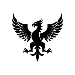 Obraz premium Vector logo of a griffin with wings extended in a powerful heraldic stance. Black mythical griffin icon representing strength, nobility, and guardianship.