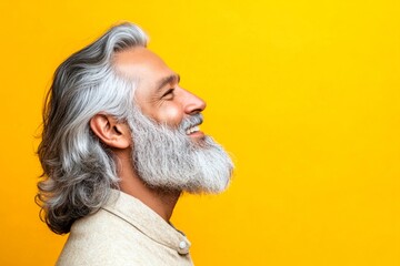 A confident man making a stylish impression. Classy men's mullet haircut - midlife indian man with middle hair. Creative design idea design of style for aging men. Yellow solid background.