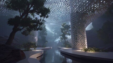Serene Modern Architecture with Trees and Water in Bright Atmosphere
