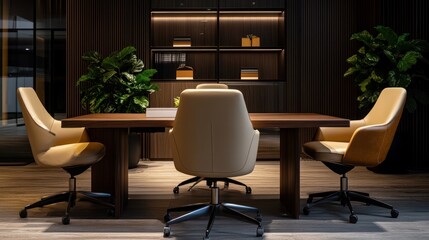 Modern conference room with beige chairs and wooden table