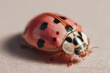 Ladybug with red wings and black spots on neutral surface. Macro shot of coccinellidae insect