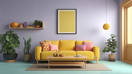 Cozy Living Room with Yellow Sofa and Green Indoor Plants