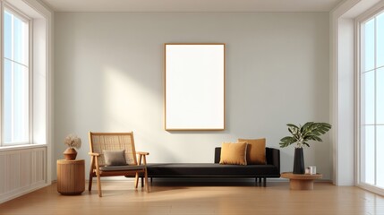 Modern Living Room with Minimalist Decor and Empty Frame on Wall