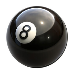 Shiny Black Eight Ball Billiards Pool Ball with White Number Eight Isolated on a Transparent Background