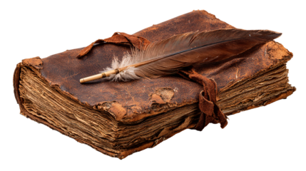 A weathered, antique leather book with a feather quill, a symbol of old-world storytelling.